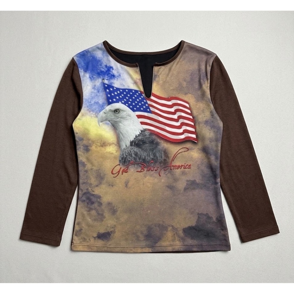 Finesse Y2K 2000s Americana Heritage Graphic Tee 3/4 sleeve Sz M Patriotic Top
